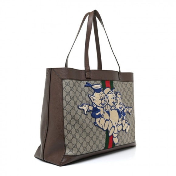 GUCCI X DISNEY GG Supreme Monogram Web Three Little Pigs Large Ophidia Tote Be - Picture 4 of 13